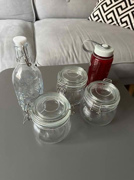 Photo of free 4 glass storage + 1 plastic red water bottle (Ravenscourt Park W6) #2