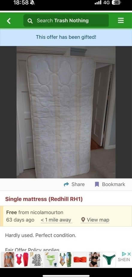Photo of free Single clean mattress (Redhill) #1