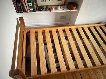 Photo of free Single bed, pine (& mattress) (Freehold Lancaster) #1