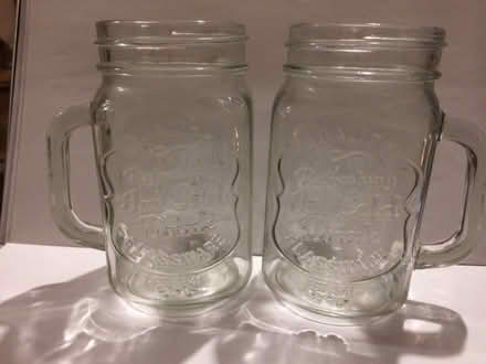 Photo of free 2 x Vintage Style Embossed Mason Jar Glass with Handle. (St James, South Elmham IP19) #2