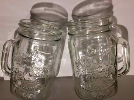 Photo of free 2 x Vintage Style Embossed Mason Jar Glass with Handle. (St James, South Elmham IP19) #1