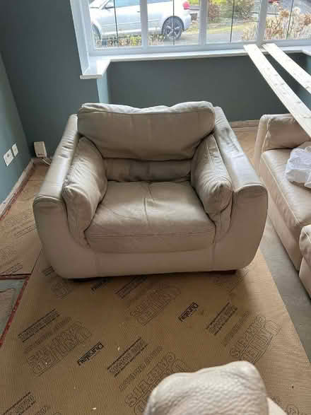Photo of free Cream leather sofa and 2 chairs (Brinscall PR6) #1