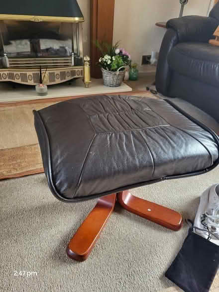 Photo of free Black leather sofa, 2 chairs,stool and cushions (Limekilns KY11) #1