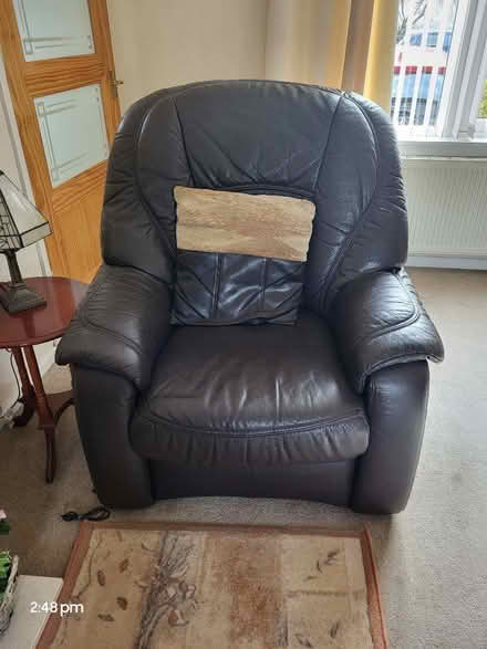 Photo of free Black leather sofa, 2 chairs,stool and cushions (Limekilns KY11) #2