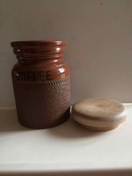 Photo of free Pottery Coffee Storage Jar, with Wooden Lid (St James, South Elmham IP19) #1