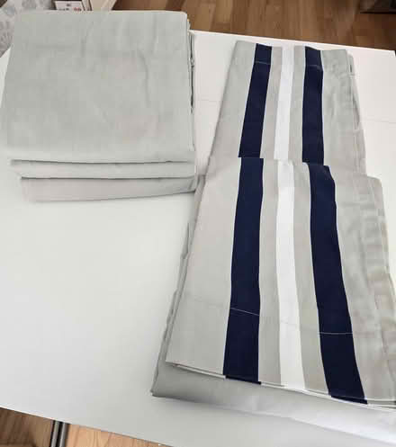 Photo of free 4 Gray/Blue/White Striped Curtains (Ponderosa Park (Sunnyvale)) #1
