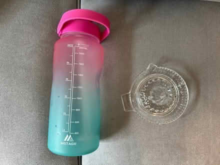 Photo of free 1 2lt pink/blue plastic water bottle 1 glass lemon squeezer (Ravenscourt Park W6) #1
