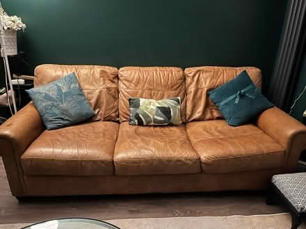 Photo of free Tan/Sand leather sofa (Peel Green M30) #1