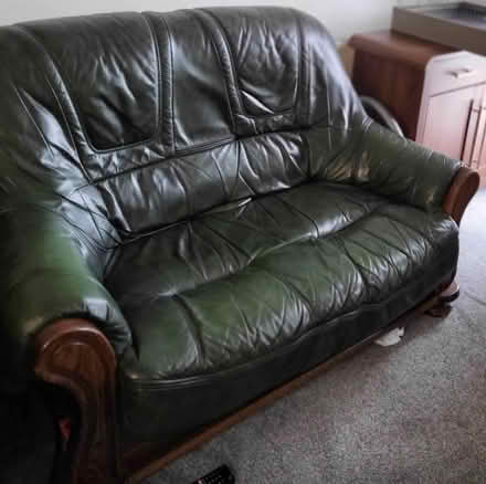 Photo of free 3 seater settee - green leather, wood trim (Rhayader LD6) #1