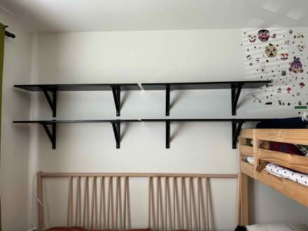 Photo of free Wood shelves, black, with brackets (20008, near BreadFurst) #1
