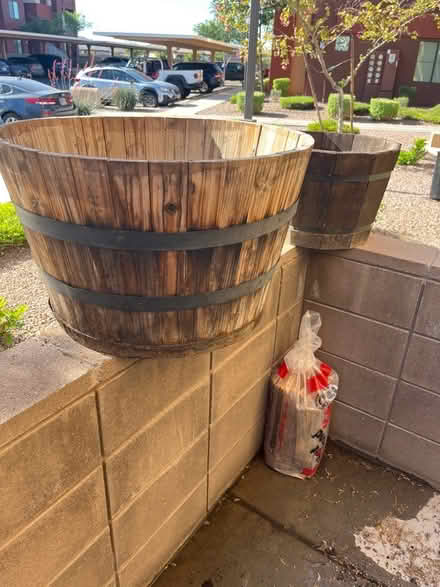 Photo of free Wooden barrel plant pots (Gilbert) #1
