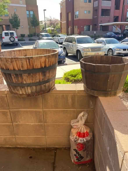 Photo of free Wooden barrel plant pots (Gilbert) #2