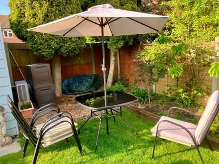 Photo of free Garden table 4 chairs & parasol (Bishop’s Stortford) #1