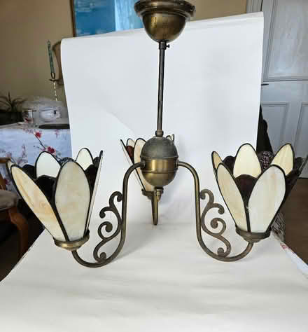 Photo of free Slag glass 3 armed chandler ceiling light fitting (IM8) #1