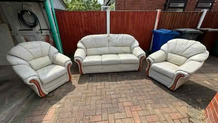 Photo of free 3 piece leather suite. Sofa & 2 armchairs. (Lane Head WA3) #1