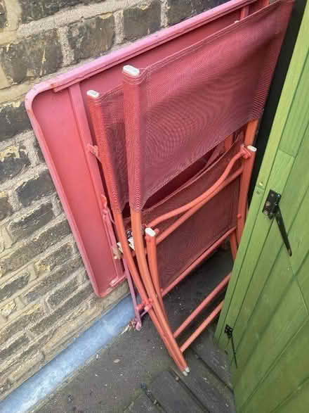 Photo of free Square Fold up garden table and 2 chairs - red (Abbeville Village SW4) #2