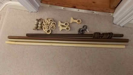 Photo of free Selection of wooden curtain poles, brackets and rings (Tewkesbury GL20) #1