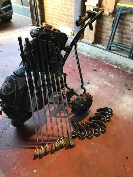 Photo of free Golf equipment, clubs, trolley, bag, battery with charger (Feering CO5) #1