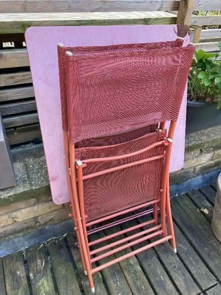 Photo of free Square Fold up garden table and 2 chairs - red (Abbeville Village SW4) #1