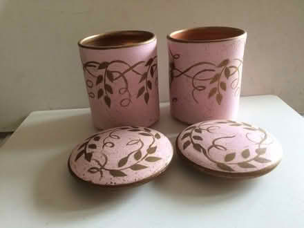 Photo of free 2 x Hand Painted Terracotta Lidded Pots (10cm tall) (St James, South Elmham IP19) #1
