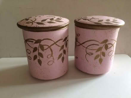 Photo of free 2 x Hand Painted Terracotta Lidded Pots (10cm tall) (St James, South Elmham IP19) #2