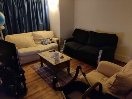 Photo of free 3 seater sofa and armchair *tetrad branded* (Malvern WR14)