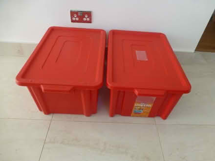 Photo of free 2 red plastic stackable boxes with lids (Chiswell Green AL2) #1