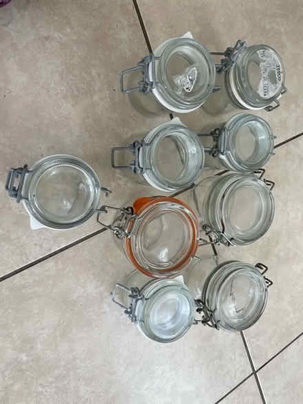 Photo of free 9 small glass Kilner type pots (L17) #1