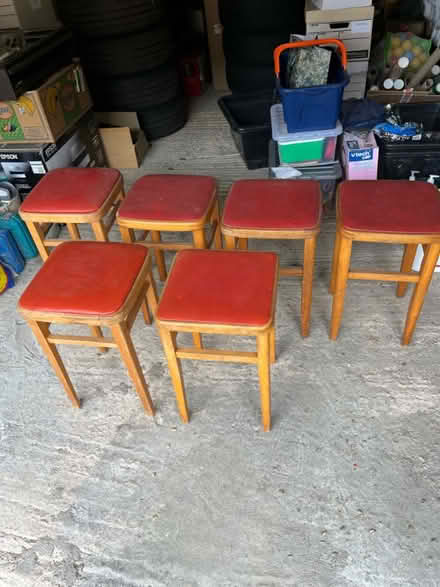Photo of free 6 wooden kitchen stools with red seats (Astley Abbots WV16) #2