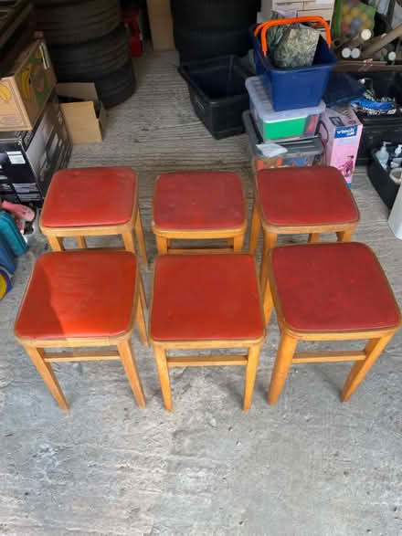 Photo of free 6 wooden kitchen stools with red seats (Astley Abbots WV16) #1