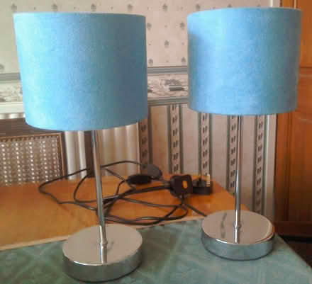 Photo of free Two chrome table lamps with matching blue lamp shade (Harborne B32) #1