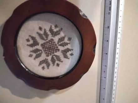 Photo of free Dark wood framed embroidered sampler wall hanging (Delapre) #1