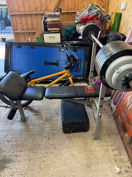 Photo of free Weight bench, bar and weights (Harston CB22) #1