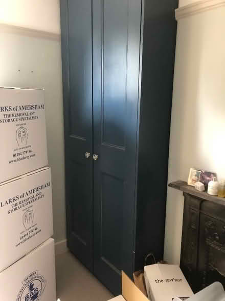Photo of free blue doors cupboard lots of shelves, dismantled, adaptable (Watford Heath WD19) #1