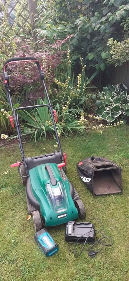Photo of free Qualcast Li38 cordless rotary lawn mower, working order but (Corston) #1