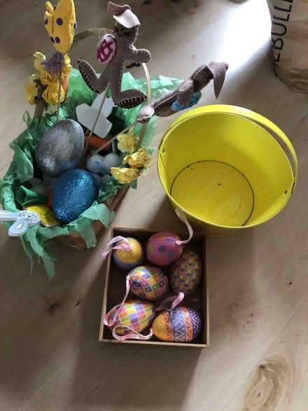 Photo of free Easter decorations - eggs, signs, bunnies, yellow tin bucket (Strawberry Hill TW1) #1