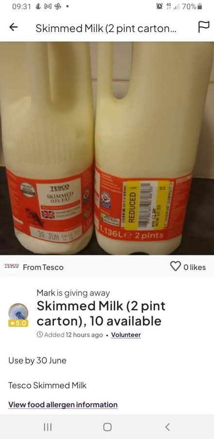 Photo of free Skimmed milk, 20 pints (St Helens TN34) #2