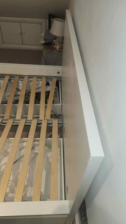 Photo of free White wooden Bed frame with head board & 4 drawers (Raynes Park SW20) #1