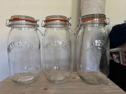 Photo of free Three Mason/Kilner Jars, approx 1 litre in size (Oxshott KT22) #1