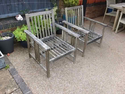 Photo of free Two hardwood garden chairs (Battle TN33) #2