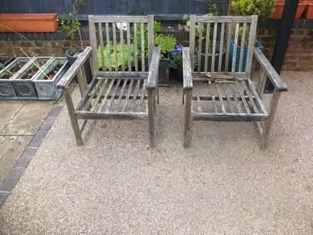Photo of free Two hardwood garden chairs (Battle TN33) #1