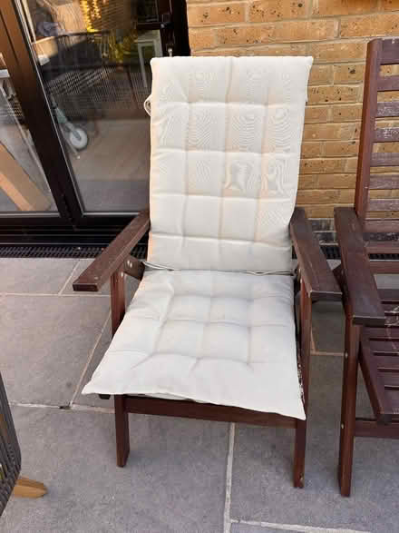 Photo of free Two wooden garden chairs w cushions (Highams Park) #2