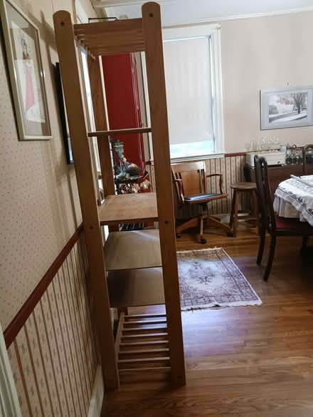 Photo of free Tall oak shelving unit (31 walnut st arlington, ma) #1