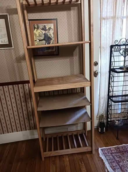 Photo of free Tall oak shelving unit (31 walnut st arlington, ma) #2