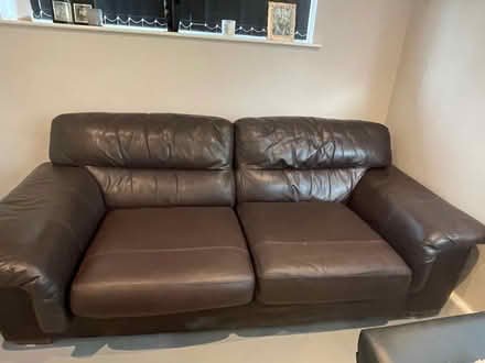 Photo of free 3 seater brown leather sofa plus footstool (Wigston LE18) #2