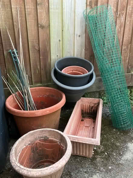 Photo of free Plastic flower pots, canes, mesh (Parkstone, Poole. BH14.) #1