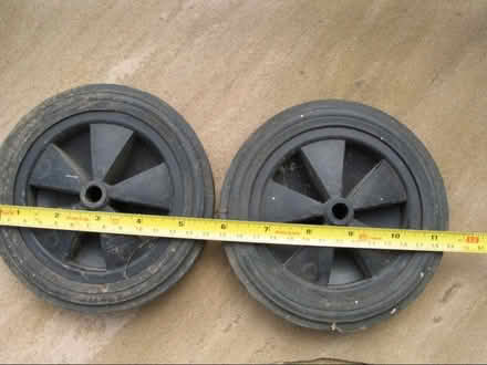 Photo of free Two wheels, approx. 14cms diameter. Solid tyres (Upton Saint Leonards GL4) #1