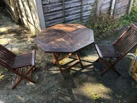 Photo of free Old wooden outdoor table + 2 chairs (Manchester, Didsbury, M20) #1