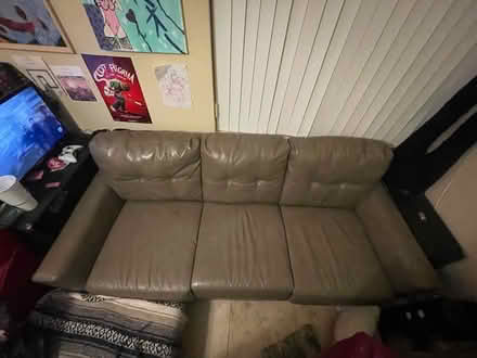 Photo of free grey green faux leather couch (North Hollywood) #1