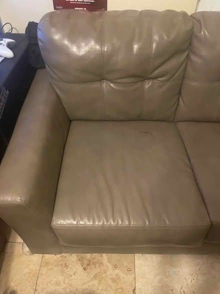 Photo of free grey green faux leather couch (North Hollywood) #2